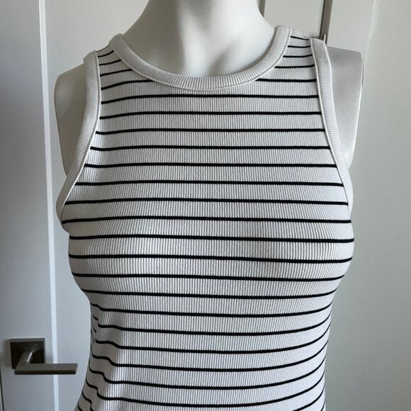 a . new day Slvless Crew Nk Ribbed Striped Cotton Blend Mini Dress Blk Cream S - Picture 2 of 11